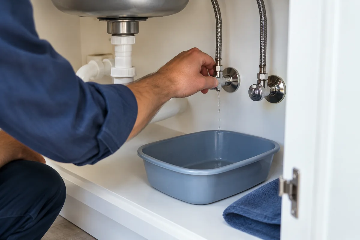 Small water leak at an under-sink supply connection.