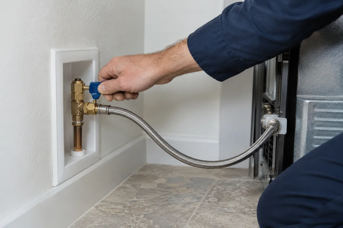 Refrigerator water valve and braided supply hose.