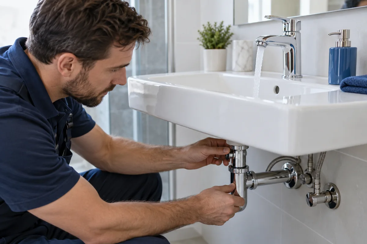 Polished chrome bathroom faucet at a white basin.