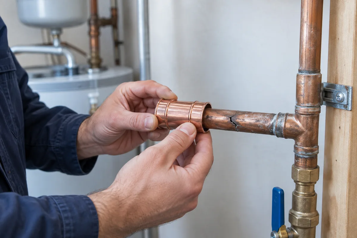 Cracked copper supply pipe beside a repair fitting.
