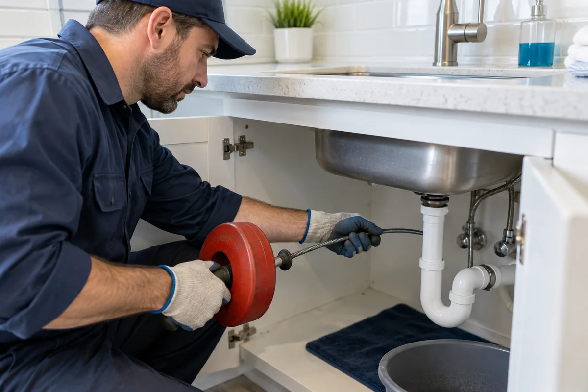 Drain auger and sink hardware prepared for drain cleaning.