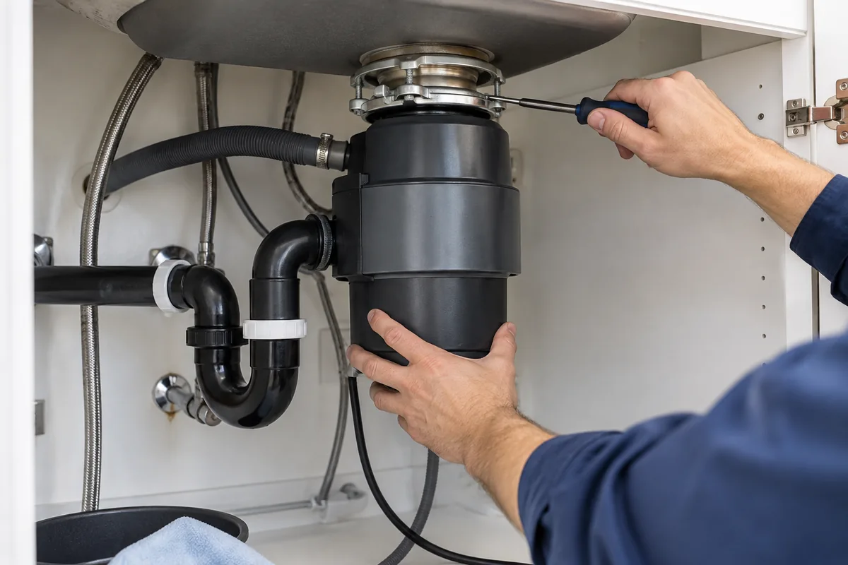 Garbage disposal installed beneath a kitchen sink.