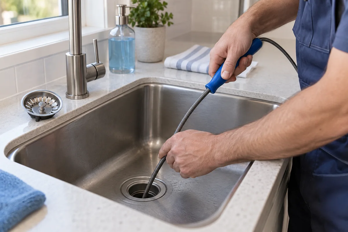 Drain cable clearing a kitchen sink drain.