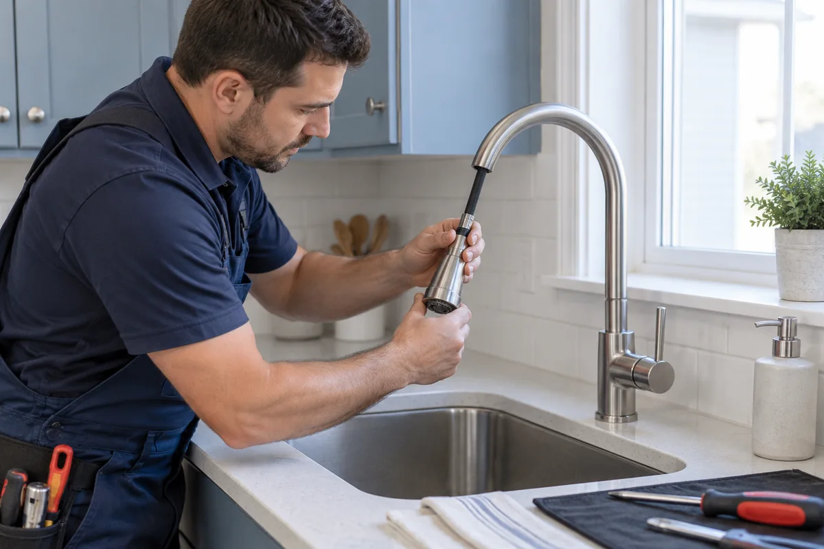 Stainless pull-down faucet in a blue-gray kitchen.