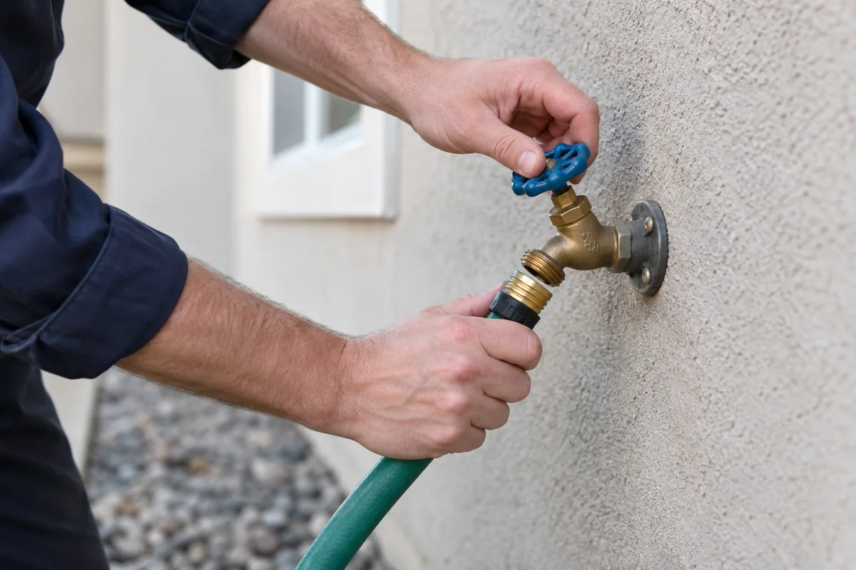 Exterior hose bib and removable hose on a stucco wall.