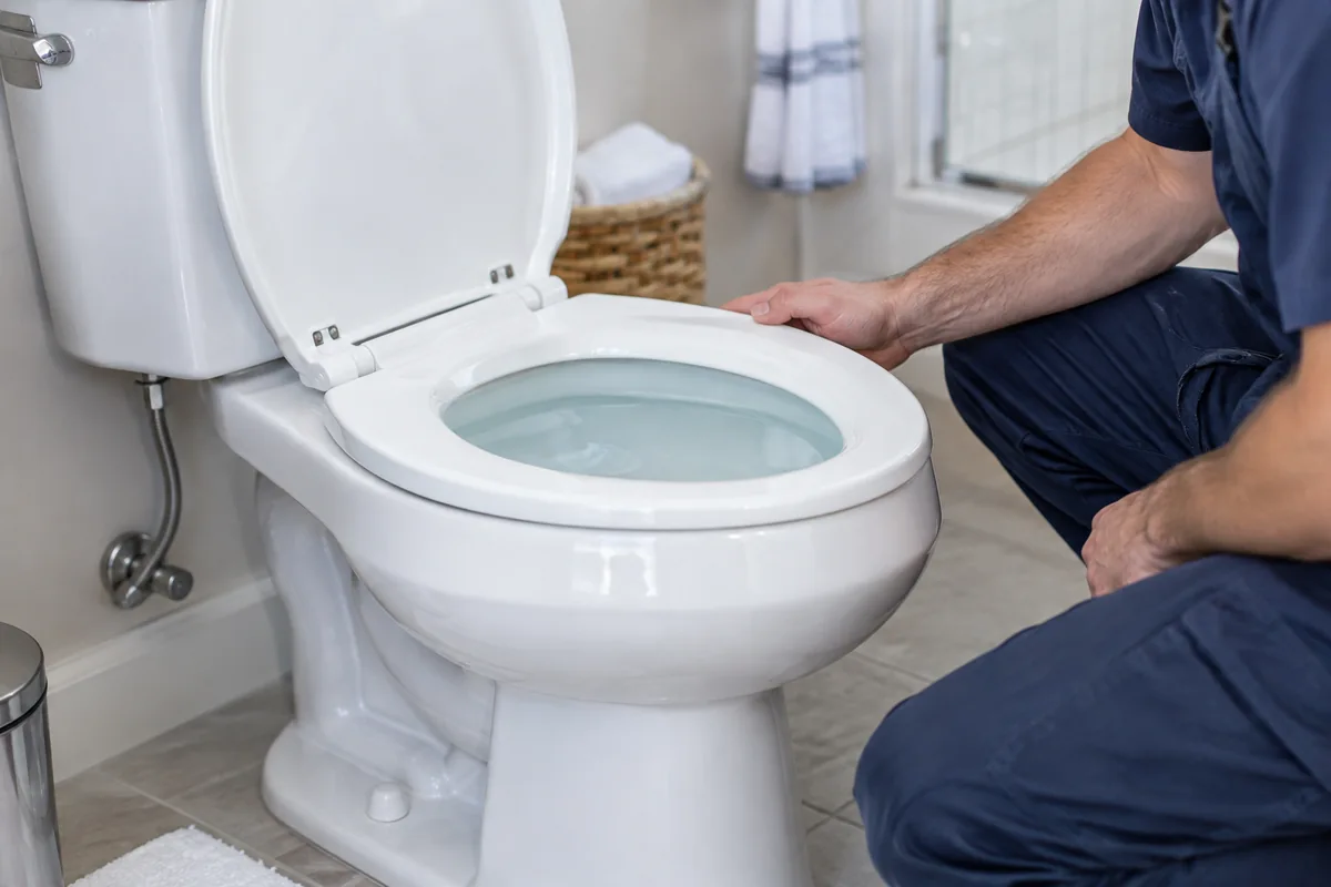 Toilet with high water in a clean residential bathroom.
