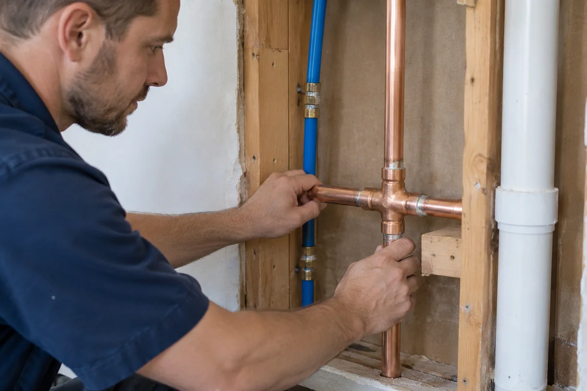Repaired copper pipe connection inside a utility wall.