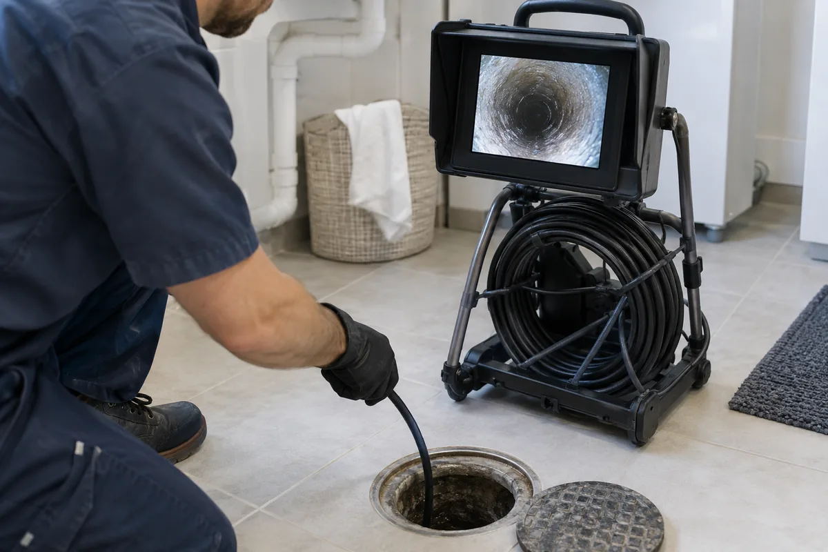 Sewer inspection camera reel and monitor beside drain access.