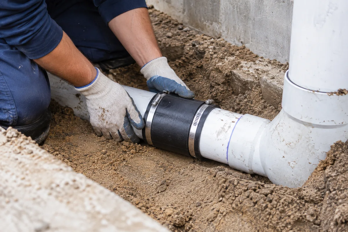 Exposed drain pipe segment prepared for sewer repair.