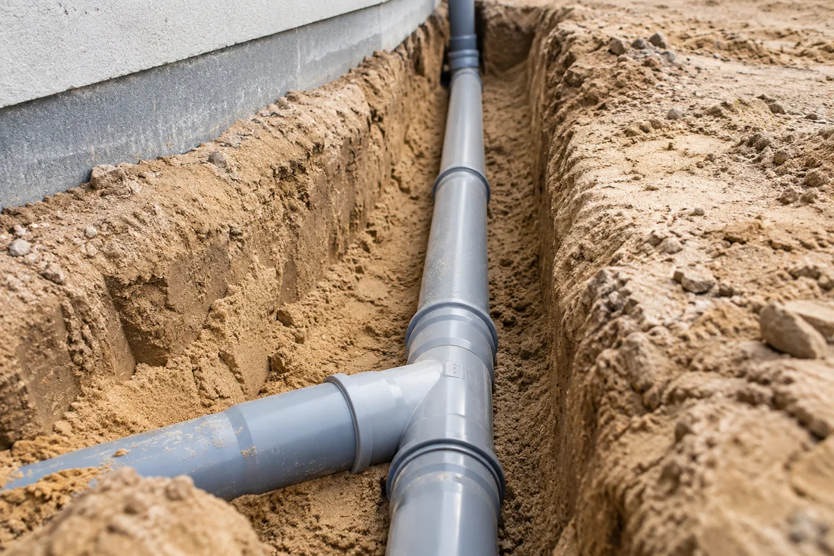 New sewer pipe installed in a narrow trench.
