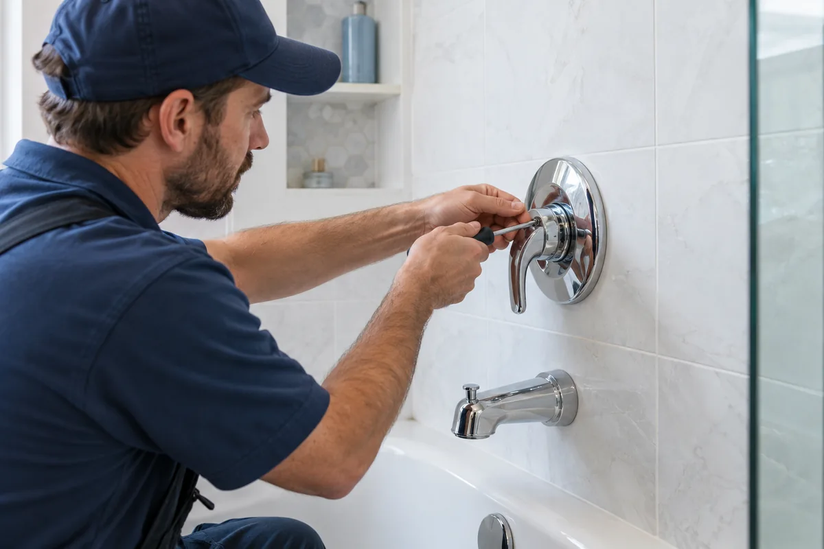 Shower valve and tub spout in a tiled bathroom.