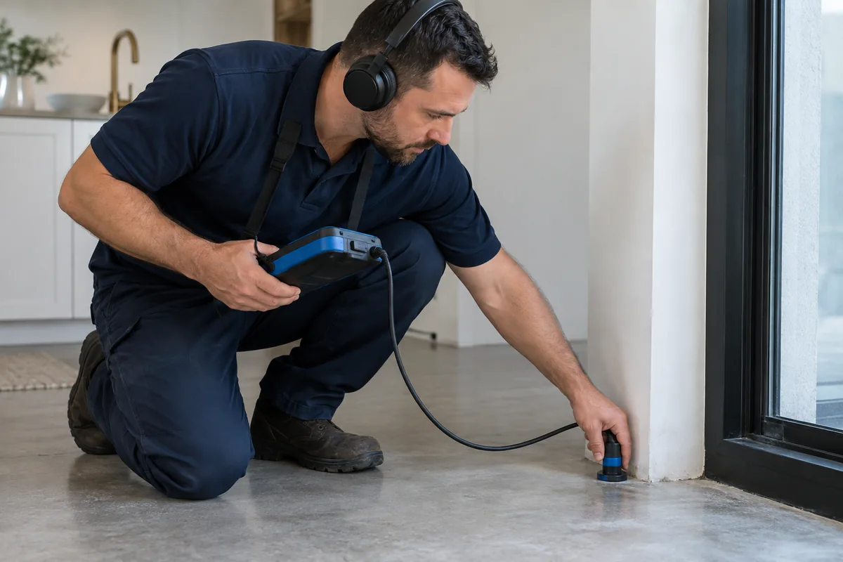 Leak detection probe checking the edge of a slab floor.