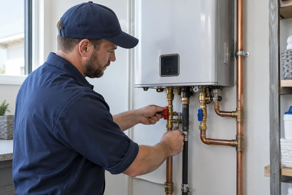 Tankless water heater with organized copper service valves.
