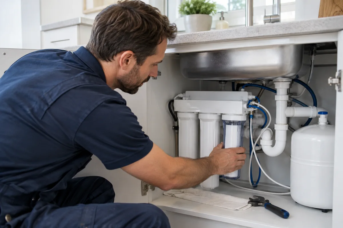 Compact drinking water filtration system beneath a sink.