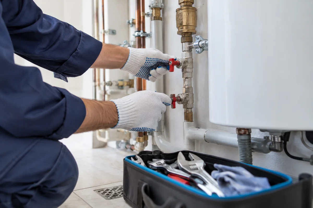 Plumber examining shutoff valves beside a toolkit.