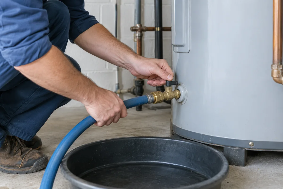 Service hose connected to a water heater drain valve.