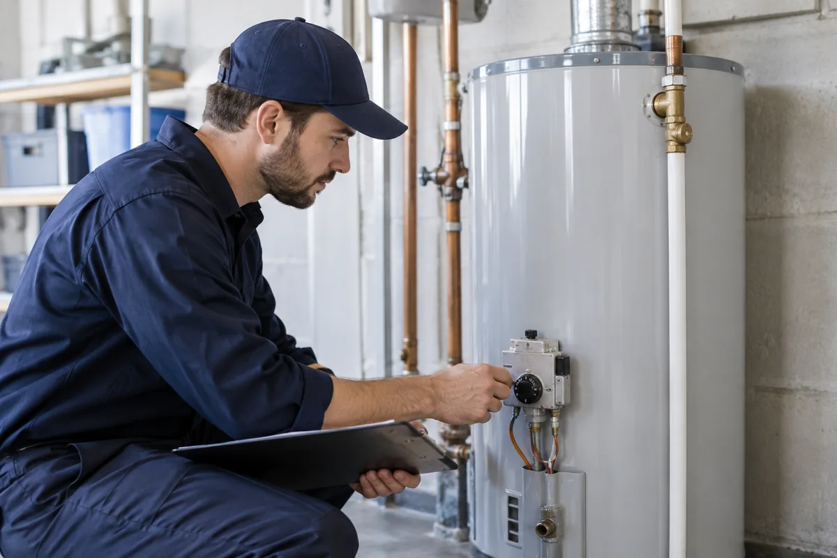 Technician inspecting tank water heater controls.