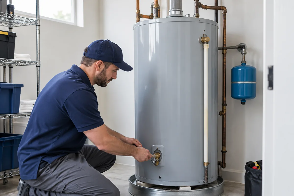 New tank water heater prepared for installation.