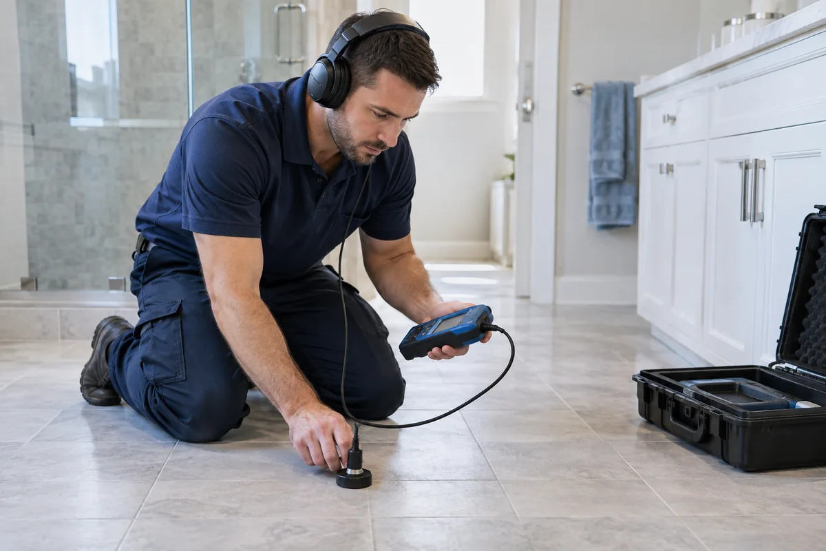 Acoustic leak detection equipment on a tile floor.