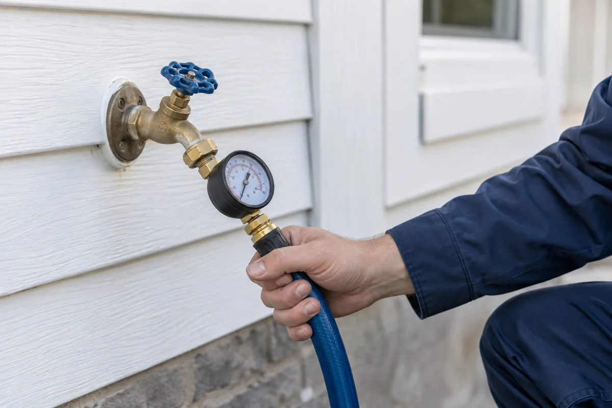 Water pressure gauge attached to an exterior hose bib.