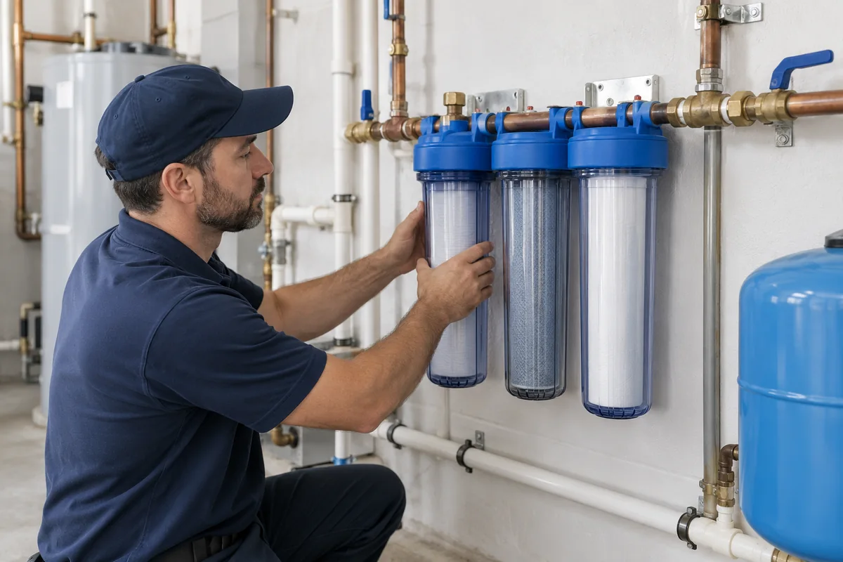 Whole-house water filter housings and pipework.