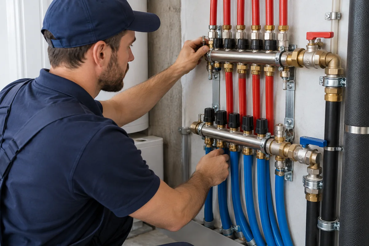 Organized red and blue PEX water supply manifold.