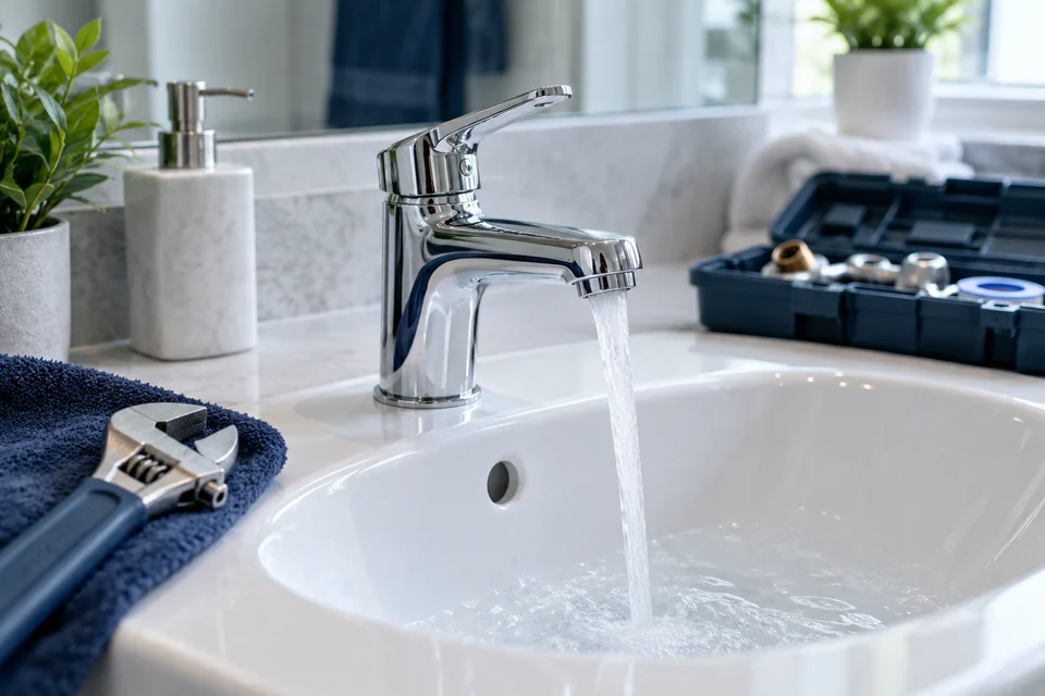 Chrome bathroom faucet and plumbing repair tools