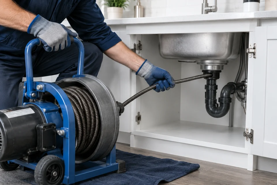 Drain auger being used beneath a kitchen sink
