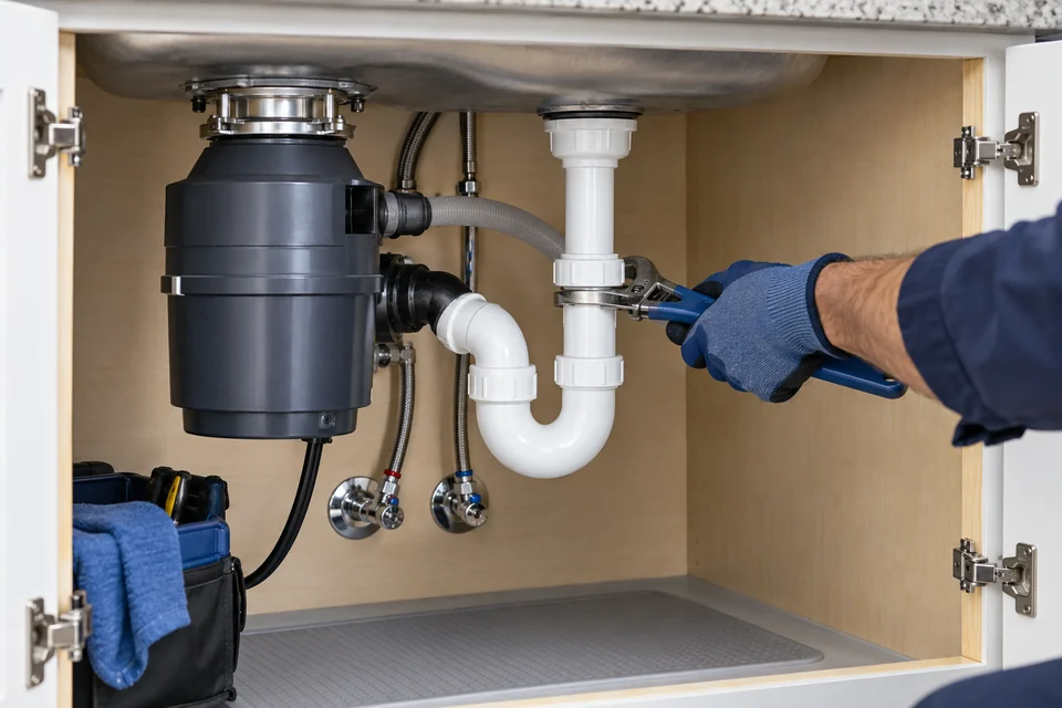 Kitchen sink drain and garbage disposal plumbing being serviced