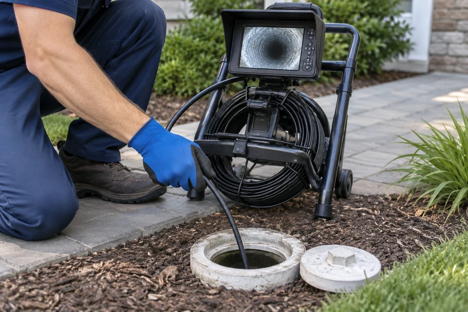Sewer camera inspection equipment at an outdoor cleanout