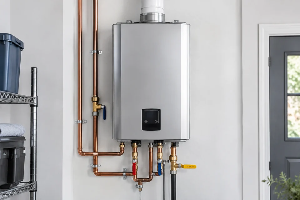 Tankless water heater with copper connections and service valves