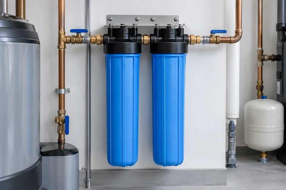 Whole-home water filtration canisters and plumbing valves
